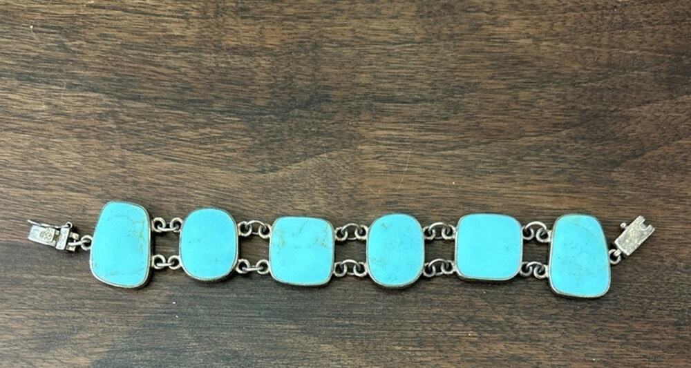Vintage Sterling Silver 925 Turquoise Panel Link Bracelet 7i n Southwestern Boho